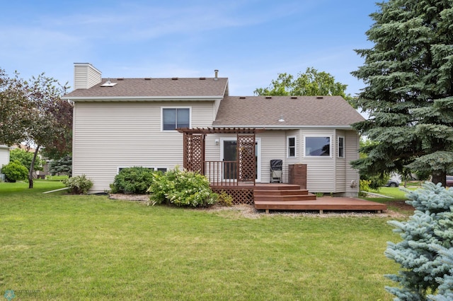 3306 26th Ave S, Fargo, ND 58103 - back of property with a pergola, a wooden deck, a lawn, and a chimney