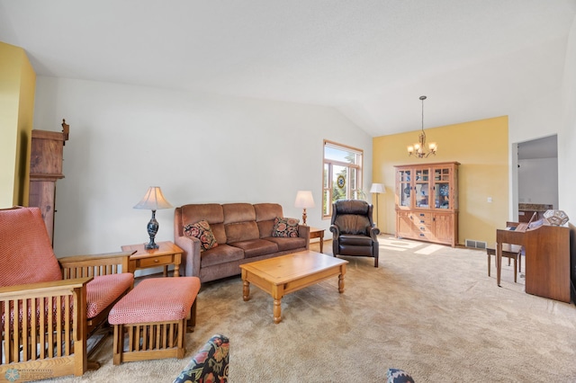 3306 26th Ave S, Fargo, ND 58103 - living area featuring a chandelier, vaulted ceiling, and carpet flooring