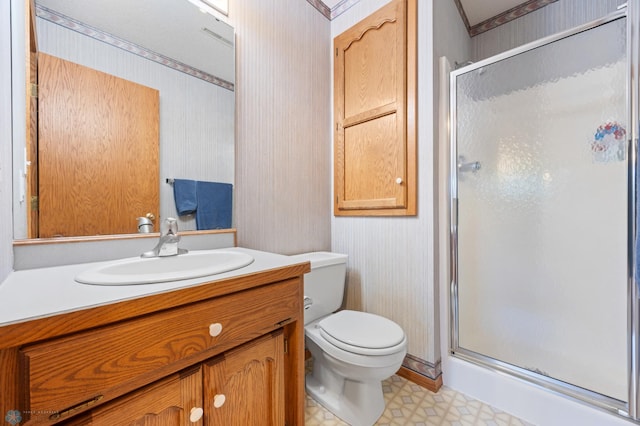 3306 26th Ave S, Fargo, ND 58103 - full bathroom featuring wallpapered walls, a shower stall, vanity, and tile patterned floors