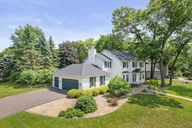 13870 Daphne Ln, Rosemount, MN 55068 - view of front of house with a garage, roof with shingles, asphalt driveway, a chimney, and a front yard
