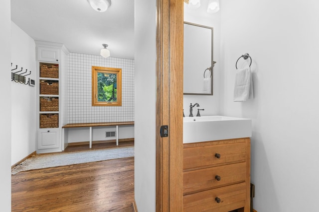 13870 Daphne Ln, Rosemount, MN 55068 - bathroom featuring wood finished floors, vanity, and baseboards