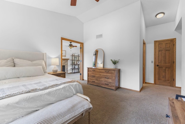 13870 Daphne Ln, Rosemount, MN 55068 - bedroom featuring carpet, high vaulted ceiling, baseboards, and a ceiling fan