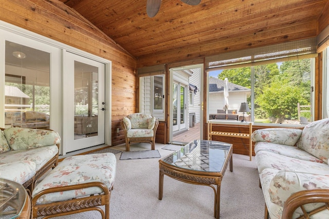 13870 Daphne Ln, Rosemount, MN 55068 - living area featuring vaulted ceiling, wooden walls, wooden ceiling, ceiling fan, and carpet