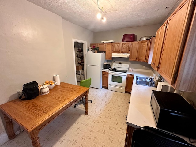 506 Marshall St, Marshall, MN 56258 - kitchen with white appliances, under cabinet range hood, a sink, brown cabinets, and light countertops