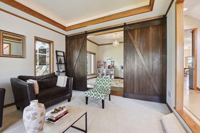 10481 Bluff Rd, Eden Prairie, MN 55347 - living room with a barn door, crown molding, plenty of natural light, and light carpet