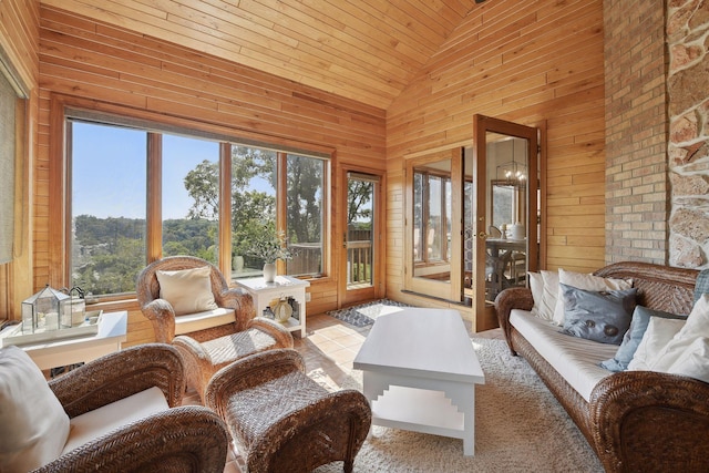 10481 Bluff Rd, Eden Prairie, MN 55347 - sunroom featuring lofted ceiling, healthy amount of natural light, wooden ceiling, a chandelier, and wooden walls