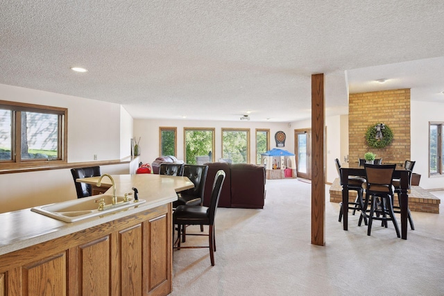 10481 Bluff Rd, Eden Prairie, MN 55347 - kitchen featuring open floor plan, light colored carpet, a textured ceiling, brown cabinetry, and light countertops