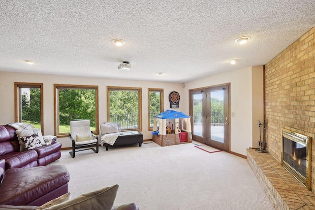 10481 Bluff Rd, Eden Prairie, MN 55347 - living room with light colored carpet, a brick fireplace, french doors, and a textured ceiling