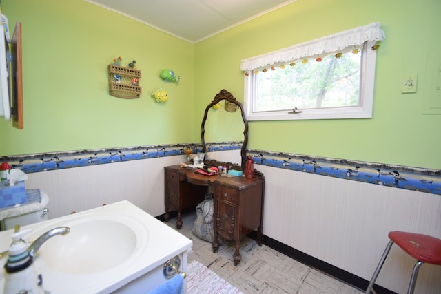 3777 Deer Lake Dr, Danbury, WI 54830 - bathroom featuring wainscoting, ornamental molding, tile patterned floors, and vanity