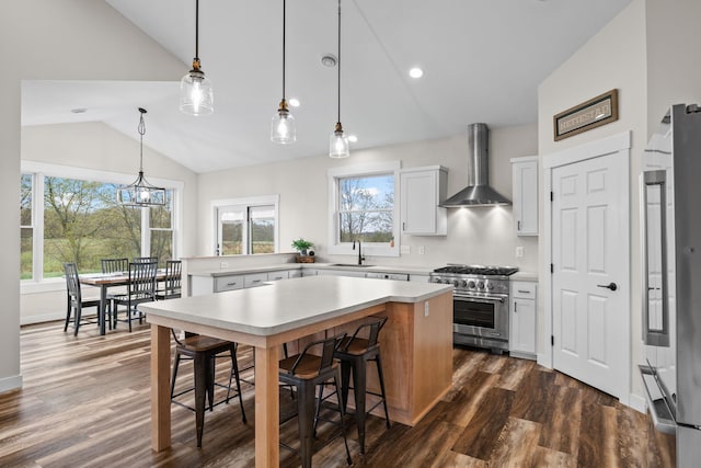 6359 313th Ave NE, North Branch, MN 55056 - kitchen featuring wall chimney range hood, high end range, vaulted ceiling, a kitchen breakfast bar, and light countertops