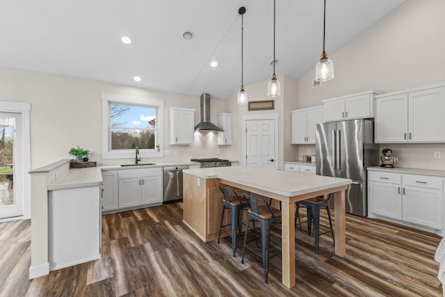 6359 313th Ave NE, North Branch, MN 55056 - kitchen with stainless steel appliances, wall chimney range hood, a breakfast bar, dark wood-type flooring, and light countertops