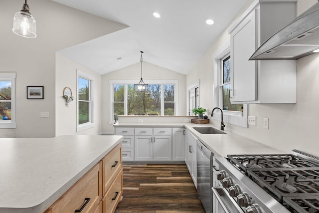 6359 313th Ave NE, North Branch, MN 55056 - kitchen featuring appliances with stainless steel finishes, wall chimney range hood, light countertops, lofted ceiling, and dark wood finished floors