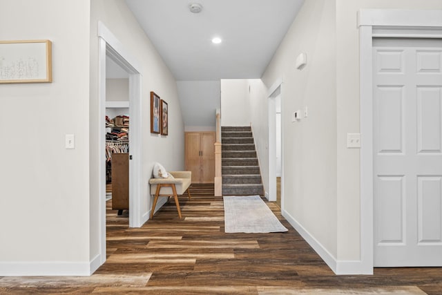 6359 313th Ave NE, North Branch, MN 55056 - hall featuring dark wood-style floors, stairs, and recessed lighting