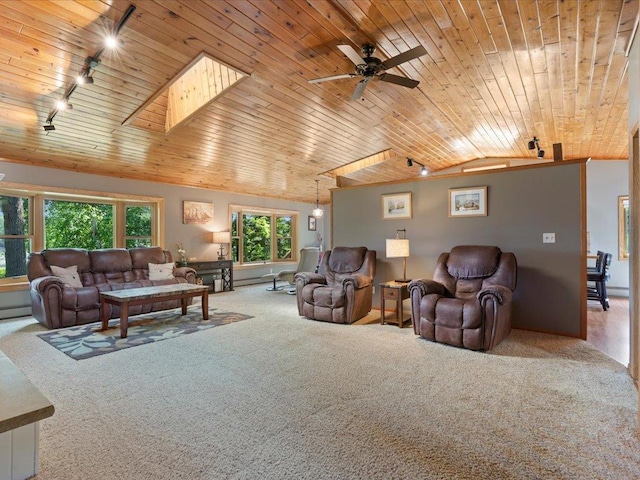 15473 Wilderness Trl, Crosslake, MN 56442 - carpeted living area featuring lofted ceiling, rail lighting, wood ceiling, a ceiling fan, and a skylight