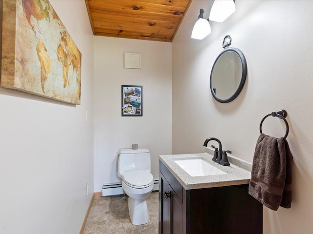 15473 Wilderness Trl, Crosslake, MN 56442 - half bath with a baseboard radiator, wood ceiling, vanity, and vaulted ceiling