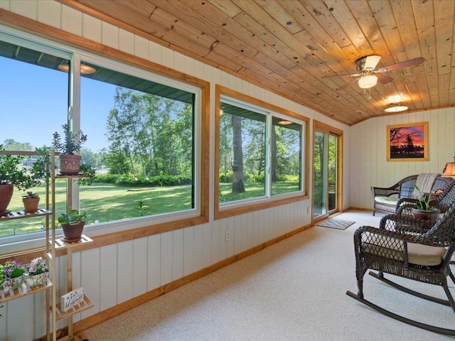15473 Wilderness Trl, Crosslake, MN 56442 - sunroom with wood walls, healthy amount of natural light, wood ceiling, and carpet floors