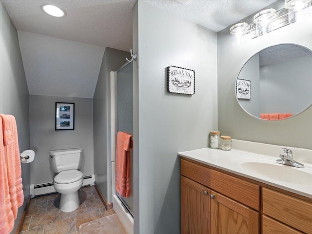 15473 Wilderness Trl, Crosslake, MN 56442 - full bath with a baseboard heating unit, stone finish flooring, vanity, a stall shower, and a textured ceiling