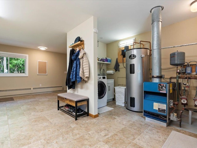 15473 Wilderness Trl, Crosslake, MN 56442 - laundry area featuring electric water heater, washer and dryer, a baseboard radiator, and a heating unit
