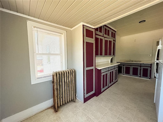 403 2nd St, Austin, MN 55912 - kitchen featuring radiator, wood ceiling, ornamental molding, light countertops, and a sink