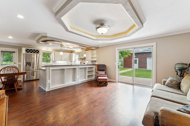 9351 Ermine Blvd NW, Ramsey, MN 55303 - living area with crown molding, dark wood finished floors, a raised ceiling, and recessed lighting