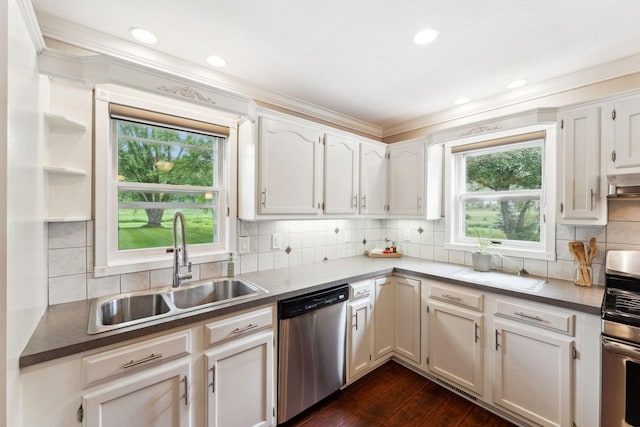 9351 Ermine Blvd NW, Ramsey, MN 55303 - kitchen featuring appliances with stainless steel finishes, crown molding, healthy amount of natural light, dark wood-type flooring, and tasteful backsplash