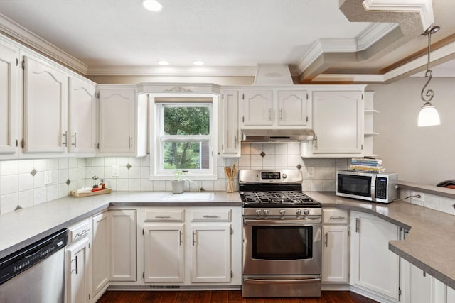 9351 Ermine Blvd NW, Ramsey, MN 55303 - kitchen with appliances with stainless steel finishes, ornamental molding, under cabinet range hood, white cabinetry, and open shelves