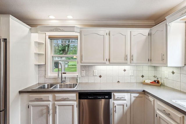 9351 Ermine Blvd NW, Ramsey, MN 55303 - kitchen with stainless steel dishwasher, decorative backsplash, white cabinets, ornamental molding, and recessed lighting
