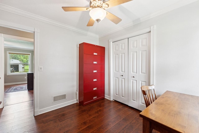 9351 Ermine Blvd NW, Ramsey, MN 55303 - office featuring dark wood-style flooring, crown molding, and a ceiling fan