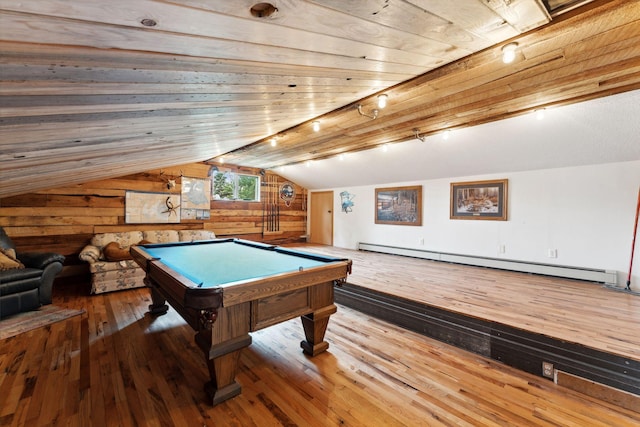 9351 Ermine Blvd NW, Ramsey, MN 55303 - rec room with a baseboard heating unit, wooden walls, lofted ceiling, hardwood / wood-style floors, and pool table