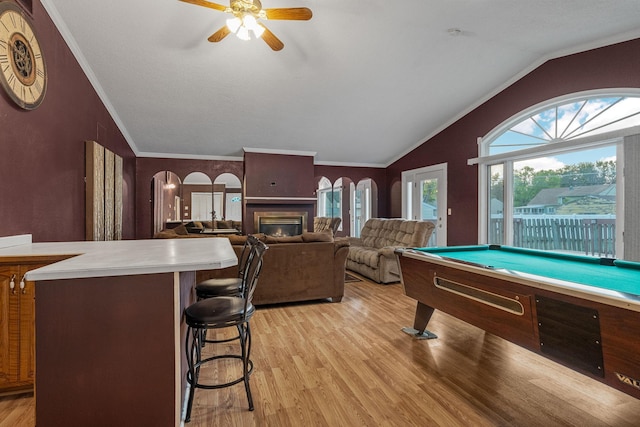 2101 6th Ave NE, Austin, MN 55912 - playroom featuring lofted ceiling, light wood-type flooring, a ceiling fan, billiards, and a glass covered fireplace