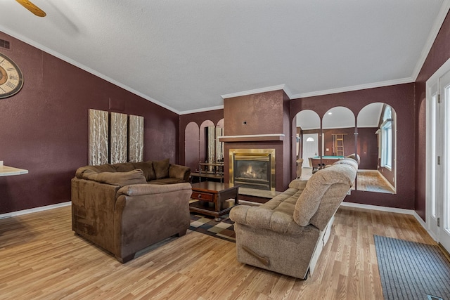 2101 6th Ave NE, Austin, MN 55912 - living area with arched walkways, wood finished floors, a glass covered fireplace, lofted ceiling, and baseboards