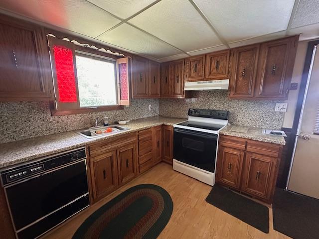 21 Glen Cir, Babbitt, MN 55706 - kitchen with range with electric cooktop, under cabinet range hood, black dishwasher, light wood-style flooring, and light countertops