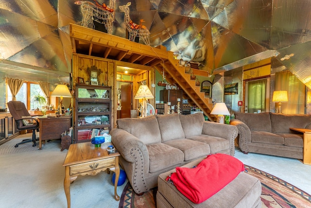 3382 Breezy Point Rd, Greenwood Twp, MN 55790 - living area featuring carpet, an office area, and stairway
