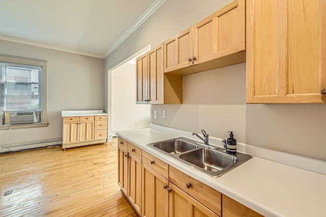 774 Capitol Hts, Saint Paul, MN 55103 - kitchen featuring crown molding, light brown cabinetry, light wood-type flooring, light countertops, and cooling unit