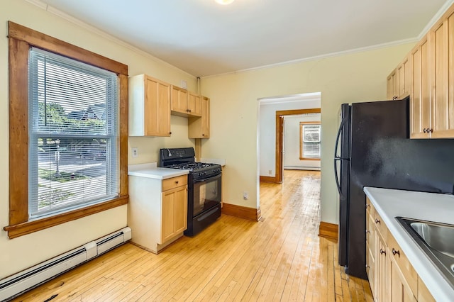 774 Capitol Hts, Saint Paul, MN 55103 - kitchen featuring black appliances, baseboard heating, light brown cabinetry, light wood-type flooring, and ornamental molding