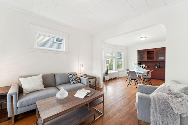 786 Iglehart Ave, Saint Paul, MN 55104 - living area featuring crown molding, radiator heating unit, wood finished floors, and arched walkways