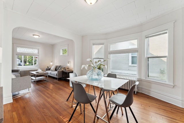 786 Iglehart Ave, Saint Paul, MN 55104 - dining area with arched walkways, hardwood / wood-style flooring, and radiator heating unit