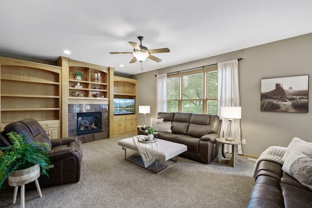 15350 Xkimo St NW, Ramsey, MN 55303 - carpeted living area with a tile fireplace, a ceiling fan, and recessed lighting