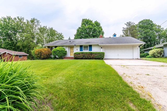 2814 Lakeview Dr, Fergus Falls, MN 56537 - ranch-style home with driveway, an attached garage, a front lawn, and a chimney