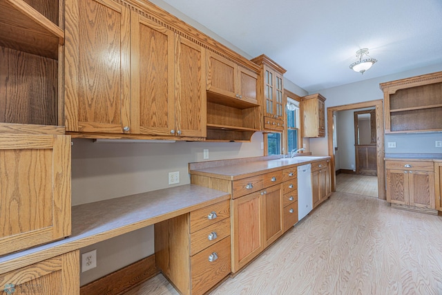 1023 12th St N, Fargo, ND 58102 - kitchen featuring open shelves, dishwasher, built in desk, and light wood-style flooring