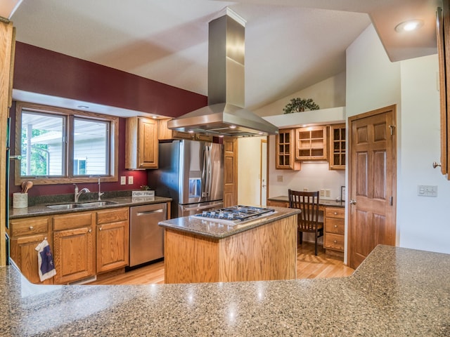 22152 Polaris Rd NW, Puposky, MN 56667 - kitchen with appliances with stainless steel finishes, island range hood, dark stone counters, lofted ceiling, and glass insert cabinets