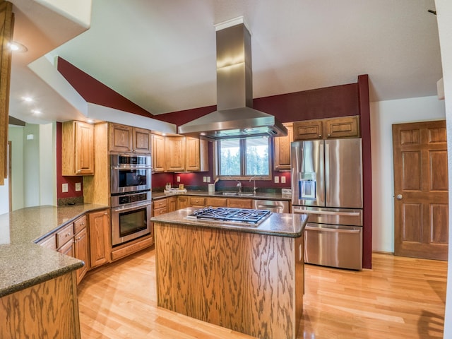 22152 Polaris Rd NW, Puposky, MN 56667 - kitchen featuring stainless steel appliances, island range hood, light wood-style floors, and a kitchen island