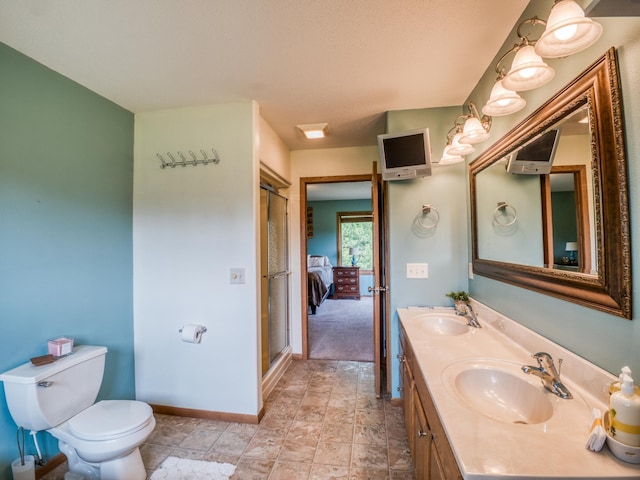 22152 Polaris Rd NW, Puposky, MN 56667 - full bathroom featuring double vanity, a shower with shower door, and stone finish floors