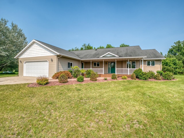 22152 Polaris Rd NW, Puposky, MN 56667 - ranch-style house with a porch, a garage, concrete driveway, and a front lawn