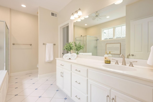 3543 Eben Way, Stillwater, MN 55082 - bathroom with vanity, a shower with door, toilet, a ceiling fan, and baseboards