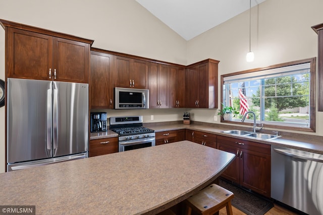 5261 Fenson Ct N, Hugo, MN 55038 - kitchen featuring appliances with stainless steel finishes, a kitchen breakfast bar, pendant lighting, high vaulted ceiling, and dark brown cabinets