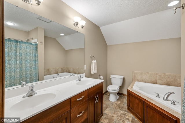 5261 Fenson Ct N, Hugo, MN 55038 - bathroom with a garden tub, lofted ceiling, a textured ceiling, double vanity, and a shower with curtain
