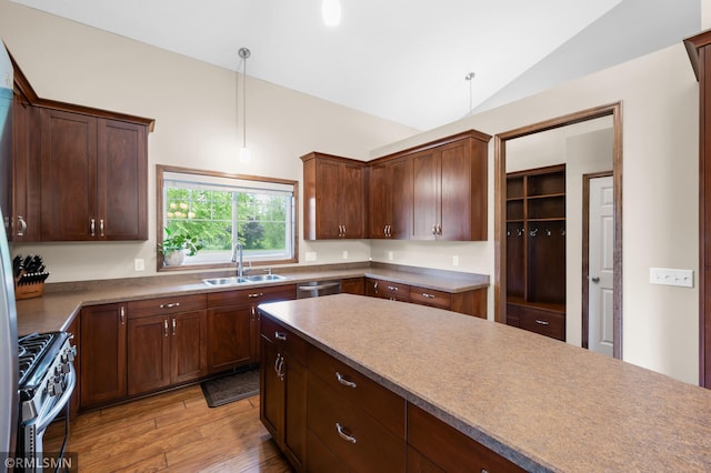 5261 Fenson Ct N, Hugo, MN 55038 - kitchen with appliances with stainless steel finishes, vaulted ceiling, light wood-type flooring, pendant lighting, and dark brown cabinets