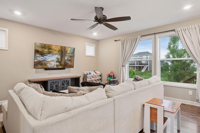 17552 57th St NE, Otsego, MN 55374 - living area featuring wood finished floors, recessed lighting, and ceiling fan