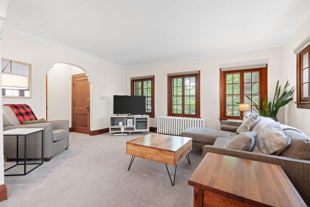 952 Goodrich Ave, Saint Paul, MN 55105 - living area featuring radiator heating unit, light colored carpet, arched walkways, and crown molding